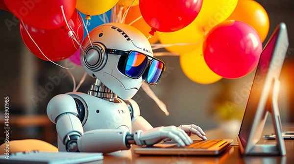 Obraz A humorous scene with a white humanoid robot comically tangled in balloons or wearing oversized glasses while typing, Generative Ai