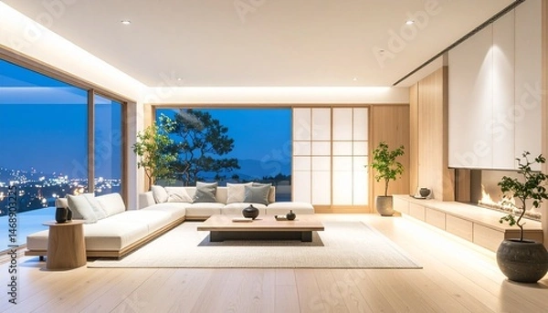 Fototapeta A Japanese-style luxury lounge-style space, with light wood and minimalist lighting