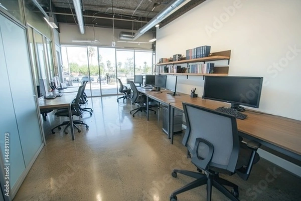 Fototapeta Modern, open-plan office space with multiple workstations, concrete floors, and large windows.  Natural light floods the area, which features minimalist, dark-toned furniture and shelving