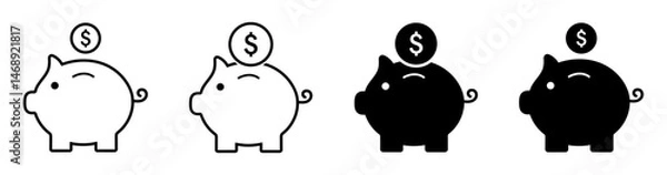 Fototapeta Piggy bank icons in black and outline styles with dollar coin symbols. Flat minimalistic savings concept for finance, banking, money saving, and investment design themes. Piggy, finance, icons.