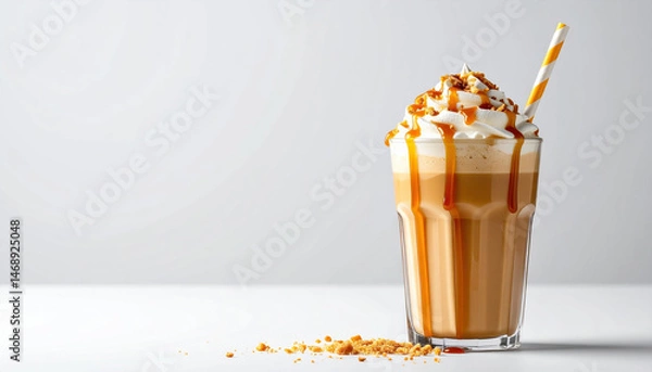 Fototapeta Creamy caramel frappuccino topped with whipped cream and caramel drizzle, served with striped straw