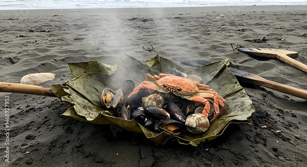 Fototapeta Chilean Curanto en Hoyo pit-cooked seafood - mussels, clams and crab steaming in nalca leaves