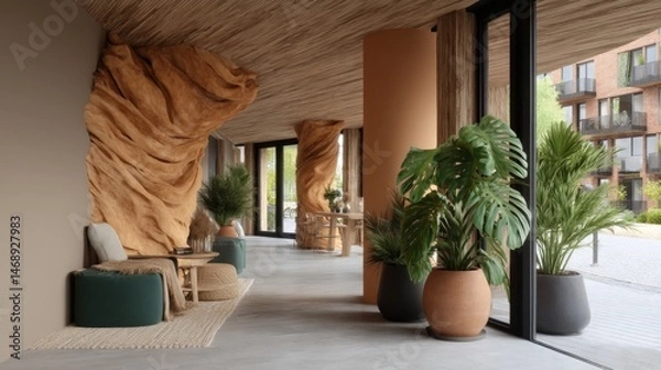 Fototapeta Minimalist hallway design with natural elements modern architecture minimalist style peaceful environment indoor view aesthetic appeal