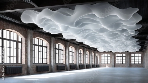 Fototapeta Minimalist hallway design featuring cloud-like ceiling installation modern space interior architecture bright environment perspective view