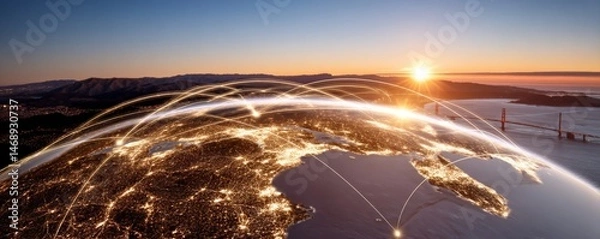 Fototapeta Global fiberoptic connections timelapse digital network visualization night skyline serene environment aerial perspective