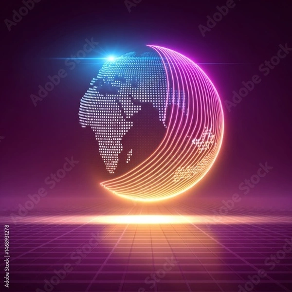 Fototapeta Illuminated transparent globe with dynamic fiber optics global technology digital artwork futuristic environment close-up view
