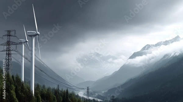 Fototapeta Wind turbines with fiber connections in an industrial landscape mountain region gigapixel standard viewpoint