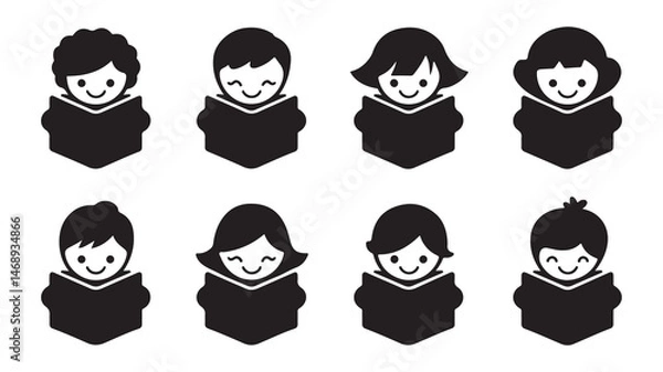 Fototapeta Child reading book silhouette set