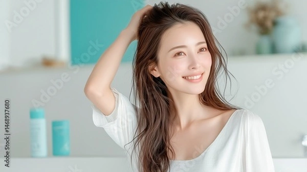 Obraz 美しい髪をかき上げる若い女性のヘアケア。健康的な髪と美肌の女性の美容イメージ