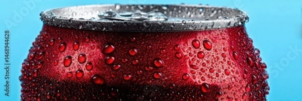 Fototapeta Cold Soda Can With Condensation and Water Droplets on Red Label Against a Blue Background in a Refreshing Summer Setting Generative AI
