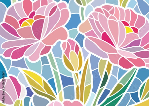 Fototapeta Stained glass floral design,  white border pattern, suitable for background, wallpaper and print materials.