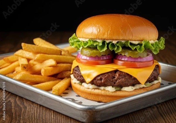 Fototapeta Juicy Cheeseburger with Lettuce Tomato Onion and Fries