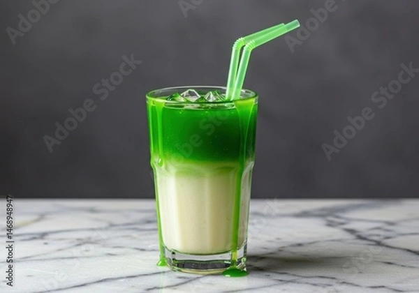 Fototapeta Refreshing Iced Matcha Latte with Drizzled Green Syrup