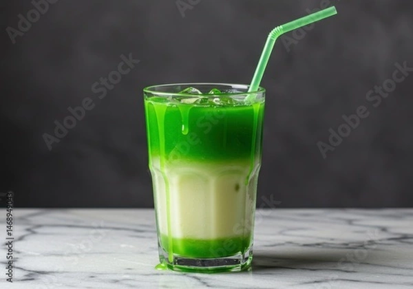 Fototapeta Refreshing Iced Matcha Latte with Dripping Green Tea