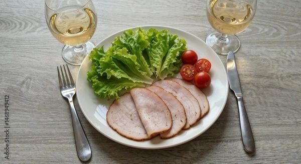 Obraz Fresh salad with ham slices and cherry tomatoes with white wine  