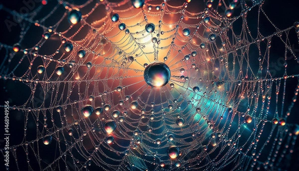 Fototapeta Spider Web with Water Droplets – Macro Photography of Dew on Web in Glowing Light, Macro Shot of Spider Web with Water Droplets and Glowing Light Background, Colorful Macro Spider Web with Water Drop 