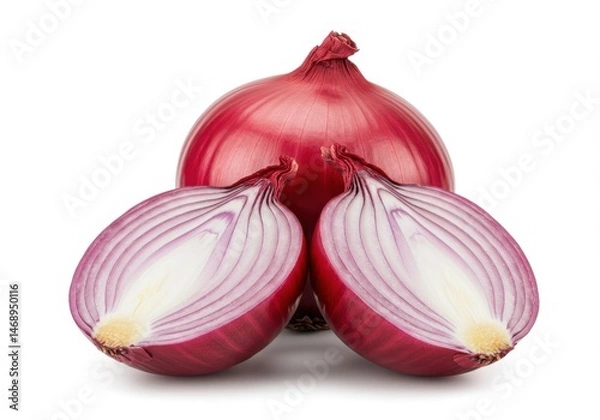 Fototapeta Fresh Red Onion Halves and Whole Bulb Isolated on White Background
