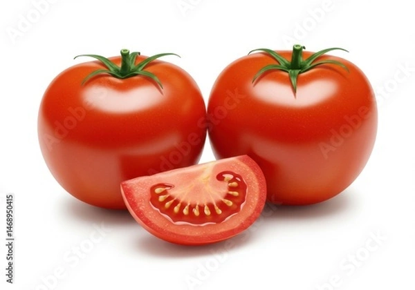 Fototapeta Two Ripe Red Tomatoes with a Sliced Piece Isolated on White Background