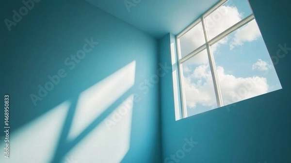 Fototapeta Bright Blue Room with Large Window and Soft Cloudy Sky