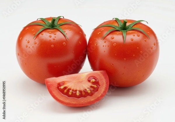 Fototapeta Two ripe red tomatoes with a slice Isolated on White Background