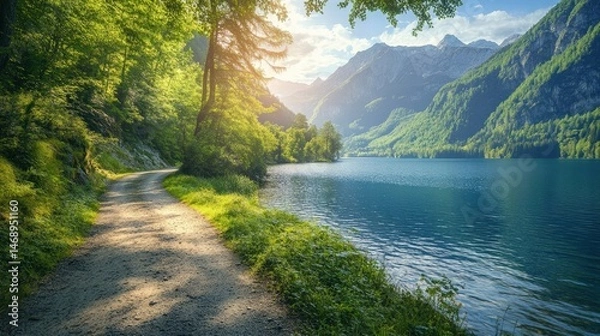 Fototapeta Serene Lake Path: A Beautiful Walk by the Water, Surrounded by Lush Green Trees and Majestic Mountains at Sunrise
