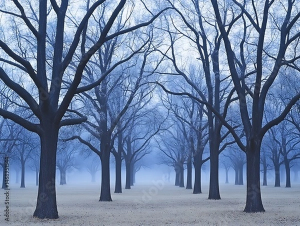Fototapeta Serene Winter Landscape Misty Morning in a Bare Tree Grove Rows of leafless trees stand tall in a peaceful foggy field