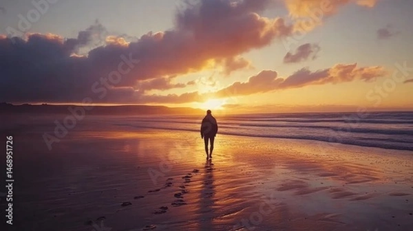Fototapeta A person walks alone on the beach under a dramatic sunset sky. Waves gently lap at the shore in this peaceful, serene moment.