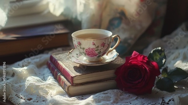 Fototapeta A cozy afternoon with tea, books, and a red rose on a lace tablecloth by the window.