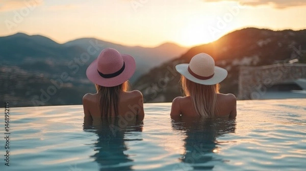Fototapeta Two friends enjoy a sunset by the pool wearing hats. The scenery is peaceful and beautiful, capturing a perfect moment in time.