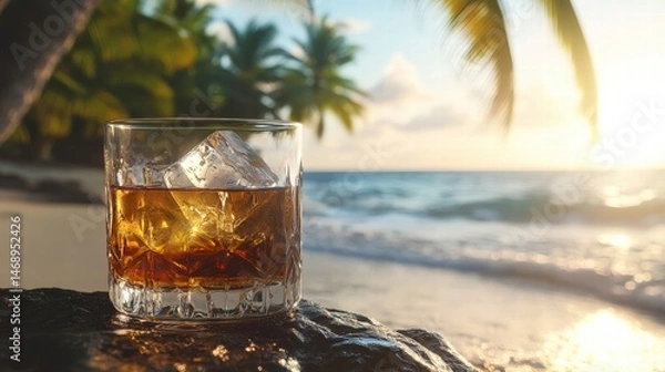 Fototapeta Relaxing with a glass of whiskey by the beach at sunset. Enjoy the calm waves and palm trees all around.