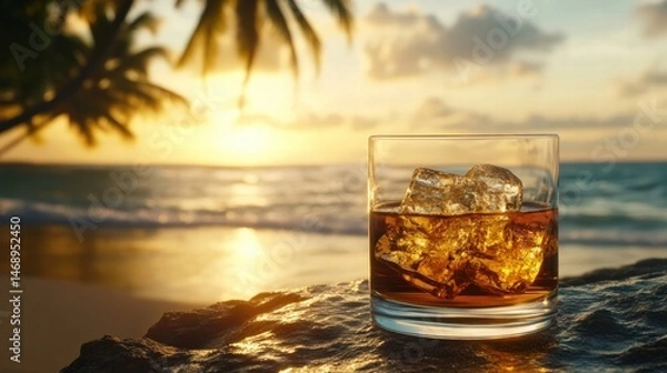 Fototapeta Enjoy a refreshing drink by the beach during sunset with palm trees, giving a perfect tropical vibe.