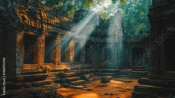 Fototapeta Ancient temple ruins illuminated by sunlight, surrounded by lush greenery and mysterious shadows in a serene atmosphere.