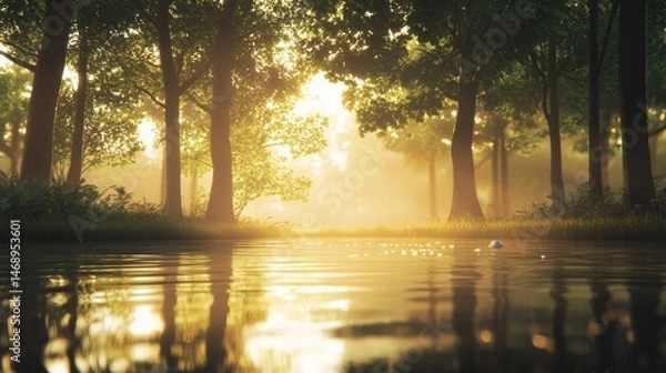 Fototapeta Sunlight Filters Through Trees, Reflecting on Calm Water in a Tranquil Forest Scene, Perfect for Nature Lovers