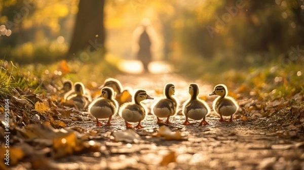 Fototapeta Charming Day in Autumn: Ducklings Walk Along a Leafy Path, Sunlight Glows Behind Them
