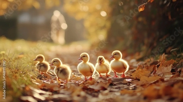 Fototapeta Adorable ducklings walk down a leafy path, basking in autumn sunlight. A human figure is blurred in the background, creating a warm scene.