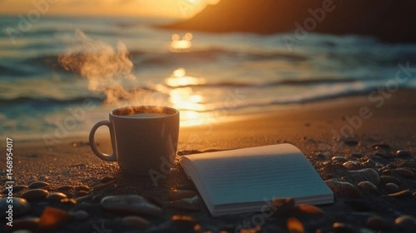 Fototapeta A tranquil beach scene with a steaming cup of coffee and an open notebook during sunset. Perfect for relaxation and reflection.