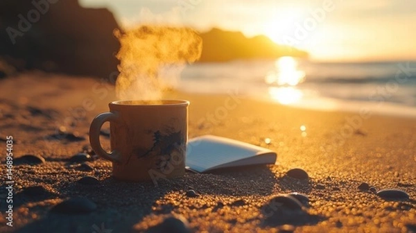 Fototapeta A steaming cup of coffee on the beach at sunrise with soft waves and warm sunlight creating a peaceful morning vibe.