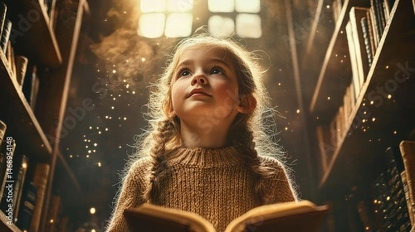 Fototapeta A young girl gazing in wonder at an open book in a magical library filled with light and dust particles, inspiring curiosity and imagination.