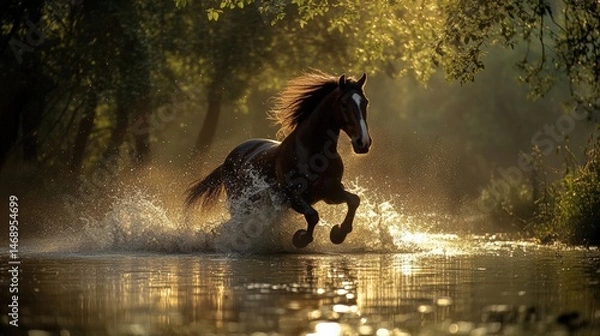 Fototapeta A magnificent brown horse gallops through a sunlit stream, creating splashes in the tranquil water surrounded by lush trees.