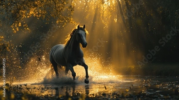 Fototapeta Majestic white horse running through water, light beams shining through trees, capturing a moment of natural beauty and serenity.