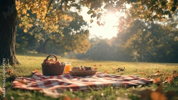 Fototapeta Cozy Autumn Picnic in a Park with a Basket and Blanket Under the Sun