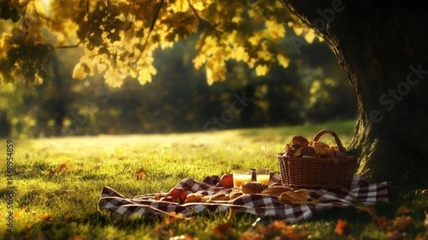 Fototapeta Cozy picnic under a tree, basking in the golden sunlight of a serene autumn day with a blanket and a basket full of delights.