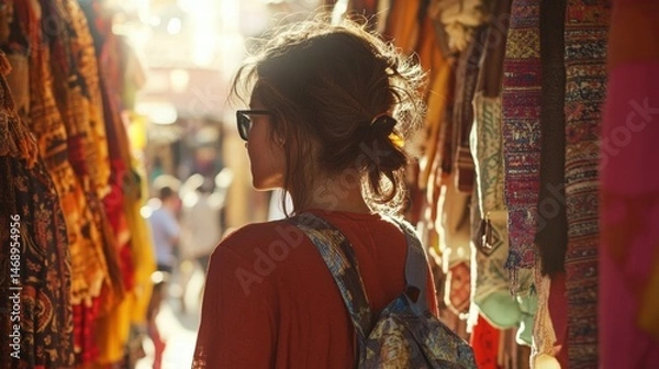 Fototapeta Exploring Colorful Markets: A Traveler in Sunglasses and Backpack Wandering Through Vibrant Stalls
