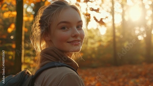 Fototapeta A young girl smiling in an autumn forest with bright leaves and warm sunlight shining through the trees, creating a joyful atmosphere.