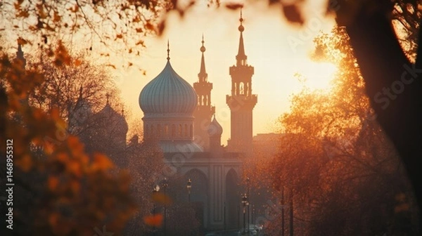 Fototapeta Beautiful sunset over a historic mosque, showcasing stunning architecture and serene nature in warm light.