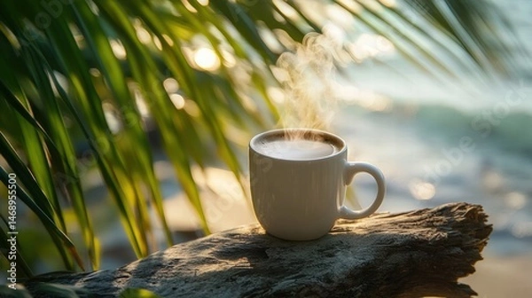 Fototapeta A warm cup of coffee sits on a log by the beach, steam rising gently in the morning light surrounded by leafy palms.