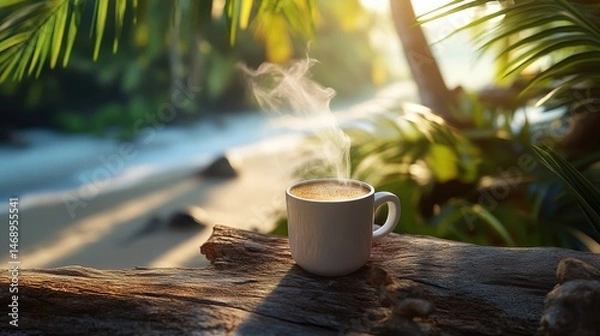 Fototapeta A warm cup of coffee rests on a log amidst tropical leaves by a beautiful beach. Morning sun brings peace and warmth to the scene.