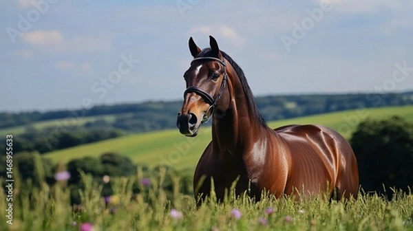 Fototapeta Beautiful brown horse in a green field under a clear blue sky. A serene country landscape with rolling hills and wildflowers.