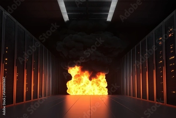 Obraz Dramatic Fire and Smoke Erupting in Server Room Environment
