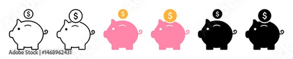 Fototapeta Piggy bank icon set in outline, pink, and black styles with dollar coins. Used in finance, banking, money saving, investment, budgeting apps, websites, infographics, and presentations. Icons, vector.
